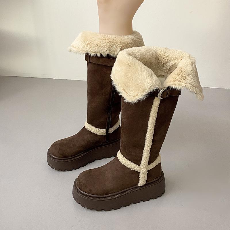 Women's High Tube Fce Lined Thi Winter Snow Boots Knot Velvet Warm Thi Bot Long Boots Korean Sle Ort Tube