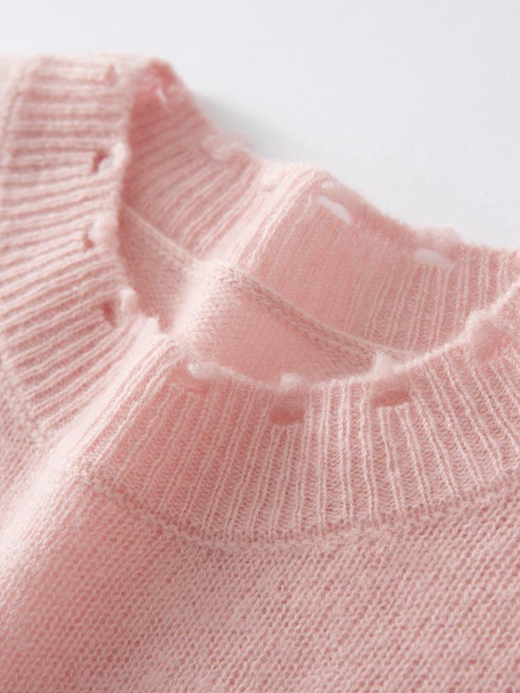 2025 Autumn/Winter Women's Distressed Round Neck Cashmere Sweater - Fashionable Loose Knitted Solid Color Long Sleeve Shirt