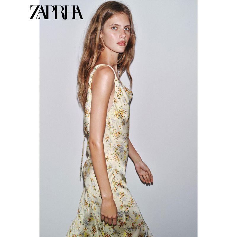 Zaprha 2025 Summer New Versitile Fashion Print Silk Satin Texture V-neck Backless Dress 3749846