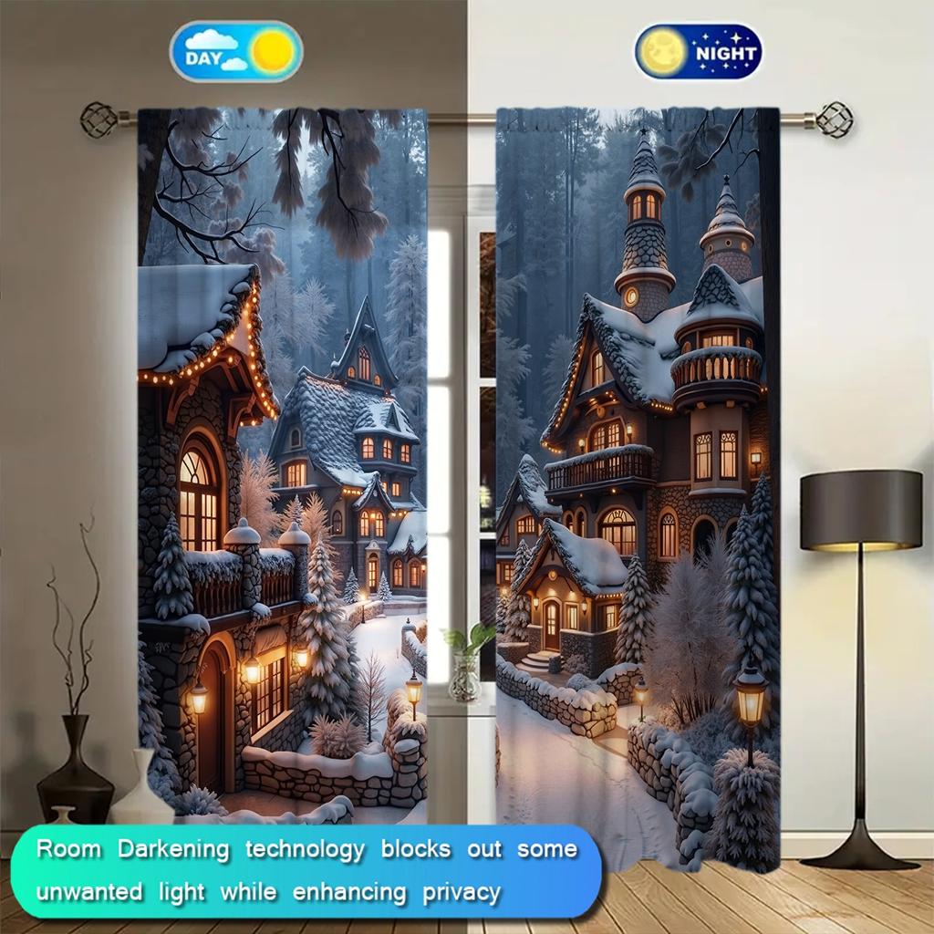 2pcs Winter Town Snow Scenery Printed Curtain for Christmas Home Decor - Rod Pocket Window Treatment for Bedroom,Office,Kitchen