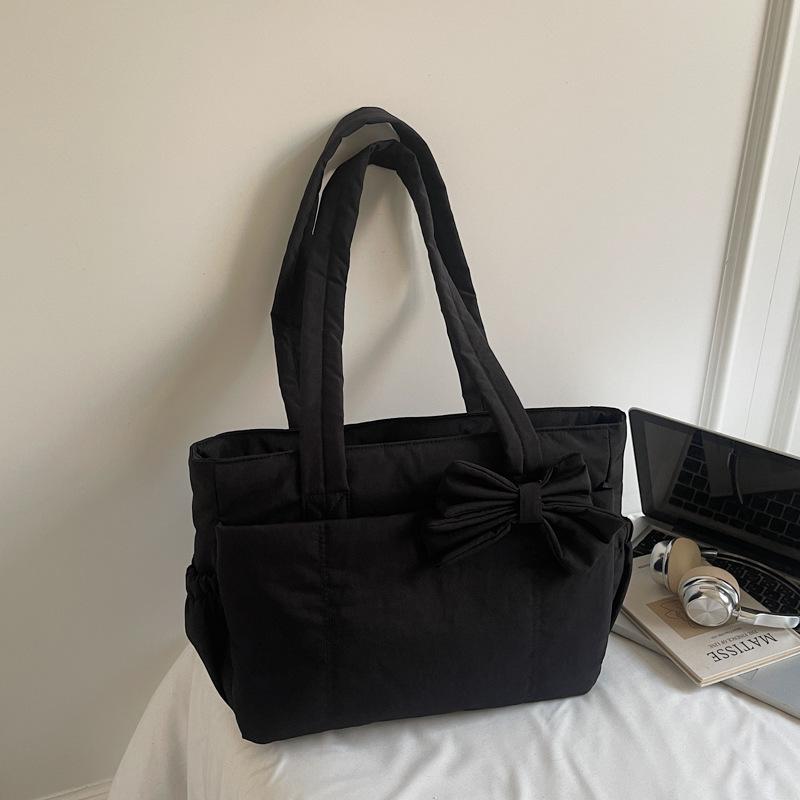 Bow tote bag for women, daily class commuting, versatile sweet girls simple and light handbag shoulder bag coffee color