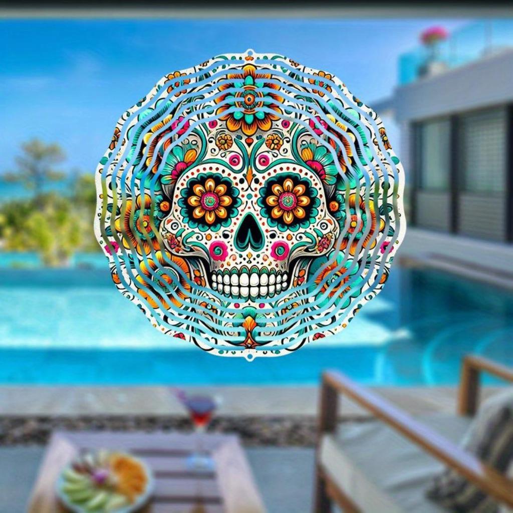 Wind Spinner 2D Metal Garden Patio Decoration Kaleidoscope Skull Design Outdoor Hanging Ornament for Thanksgiving Christmas Holiday Decor