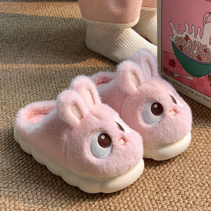 Cute Cartoon Rabbit Cotton Slippers for Women Winter House Shoes Warm Plush Thick Sole Anti-slip Female Home Floor Fluffy Slides