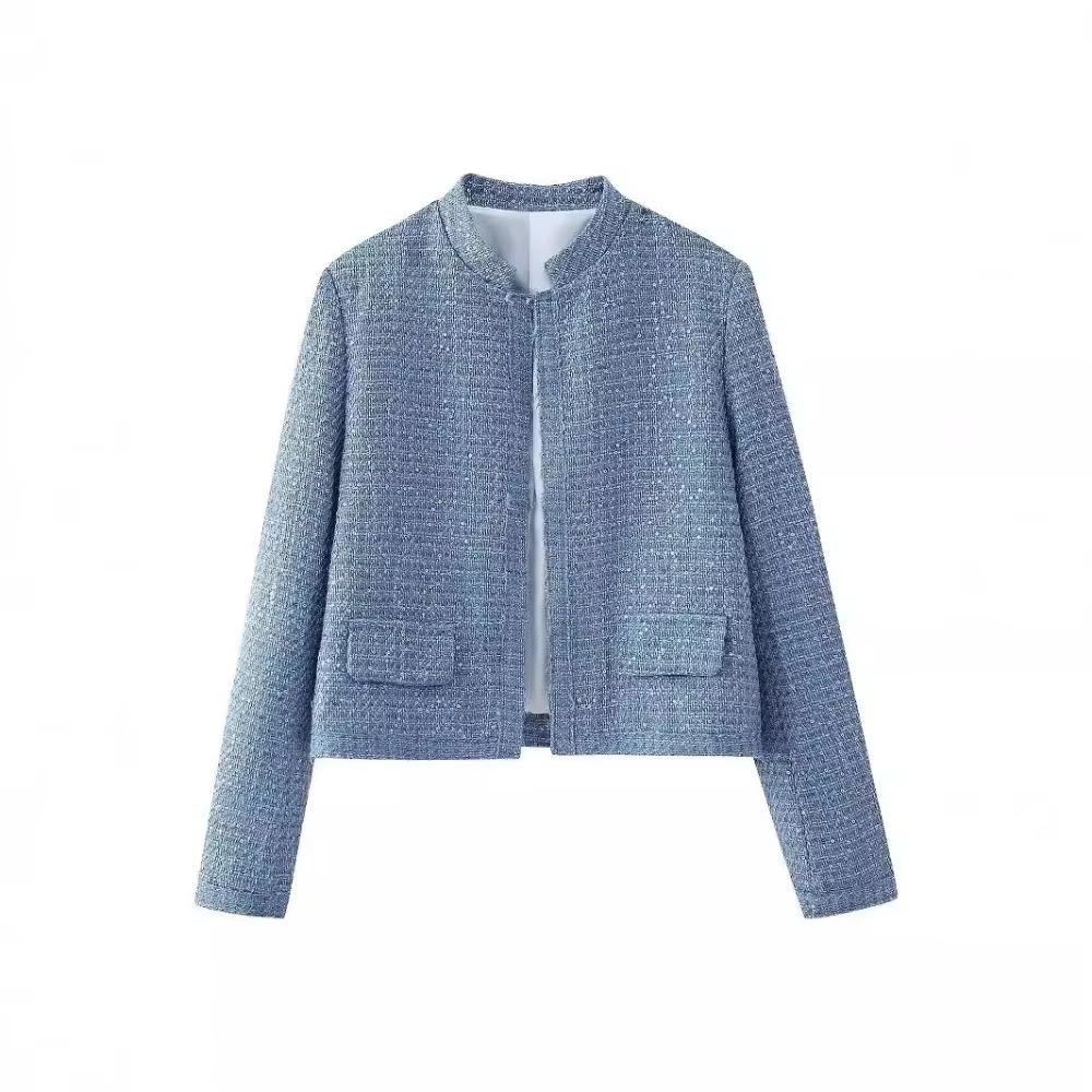 Women's Sequin Stand Collar Long Sleeves Pockets Short Jacket Coat Spring and Autumn New Female Chic Cardigan Jacket