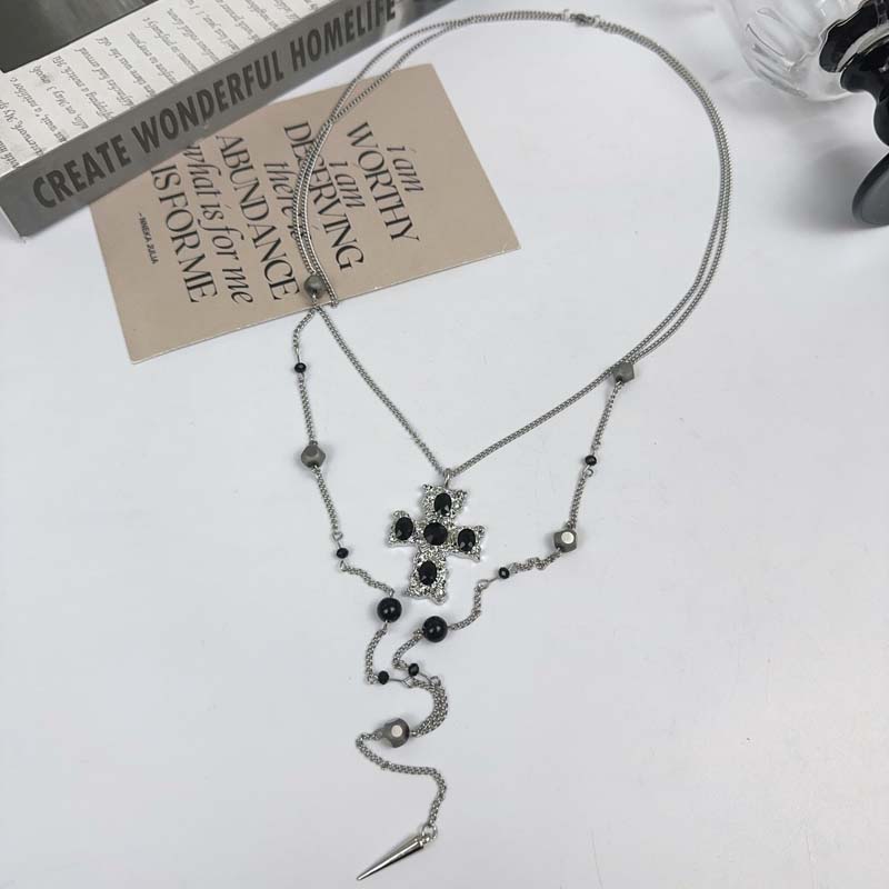Y2K Silver Color Cross Pendant Necklaces for Women Sweet Cool Metal Double Layer Beaded Rivet Long Tassel Necklaces Jewelry