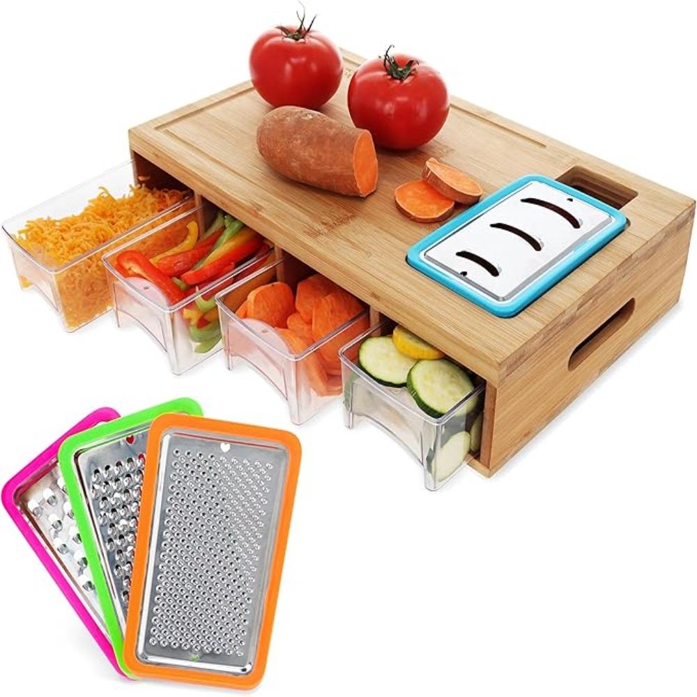 Bamboo Multifunctional Cutting Board Set with Container and Grater Square Chopping Block Drawer Design Cutting Board