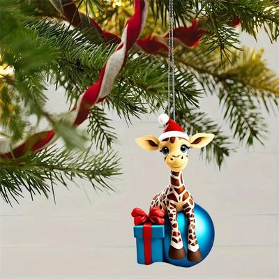 1 Cute Christmas Tree Pendant Cartoon Giraffe Pendant, 2D Flat Acrylic Art Craft Ornament Car Rearview Mirror Ornament, Suitable for Sock Filling
