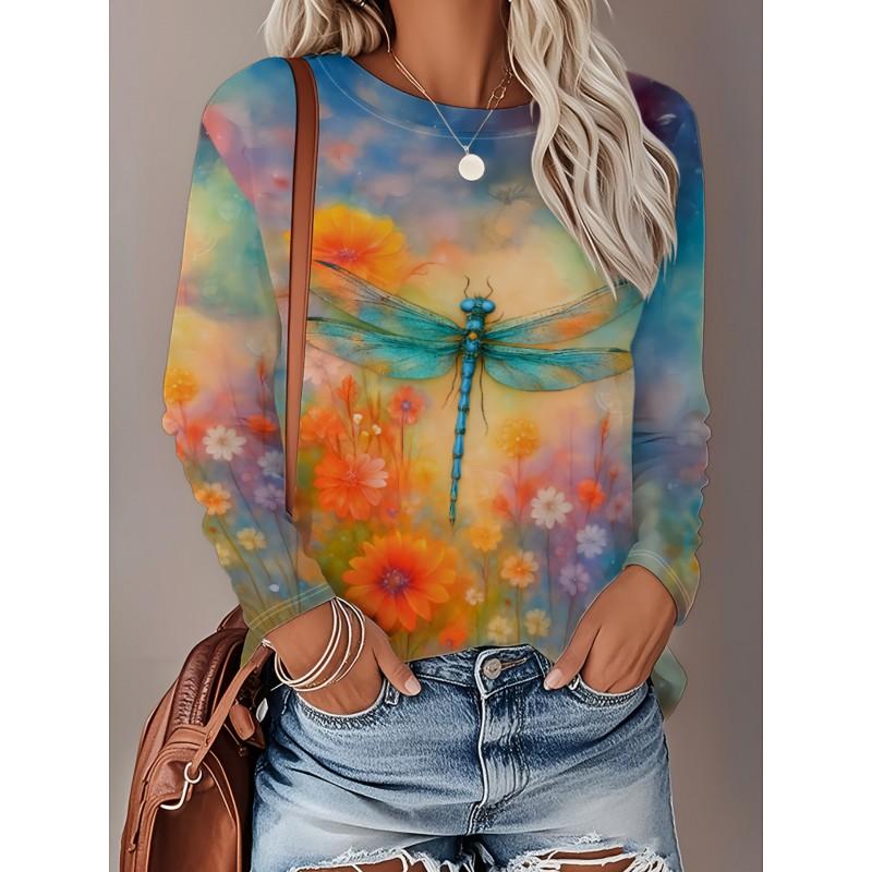 Womens Loose Fit Long Sleeve Round Neck Tee With 3D Peacock Cat Print - Milk Silk Fabric 2025 Casual Top