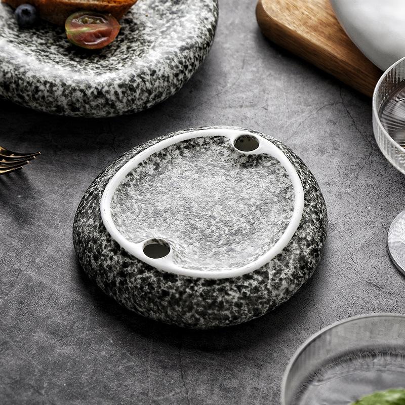 Sushi Plate  Home Dining Plate Japanese Steak Plate   Creative Circular Stone Patterned Western Cuisine Plate Ceramic