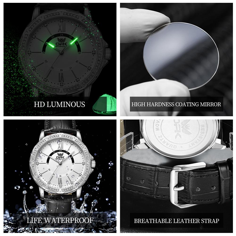OPK 8161 Man Quartz Wristwatch Diamond Bezel Luminous Leather Strap Waterproof Men's Luxury Watch High Quality Original