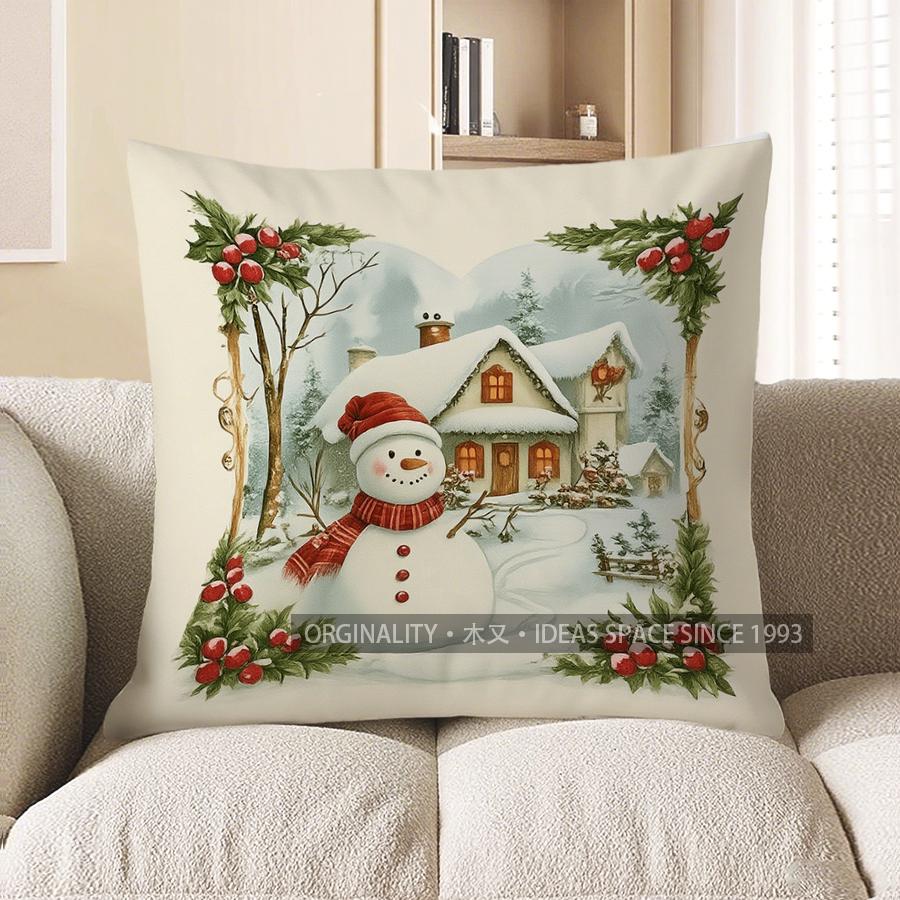 Home Decor Snowman & Cottage Christmas Pillow Cover Pattern Cushion Cover Suitable For Sofa Bedroom Car Pillow Cover