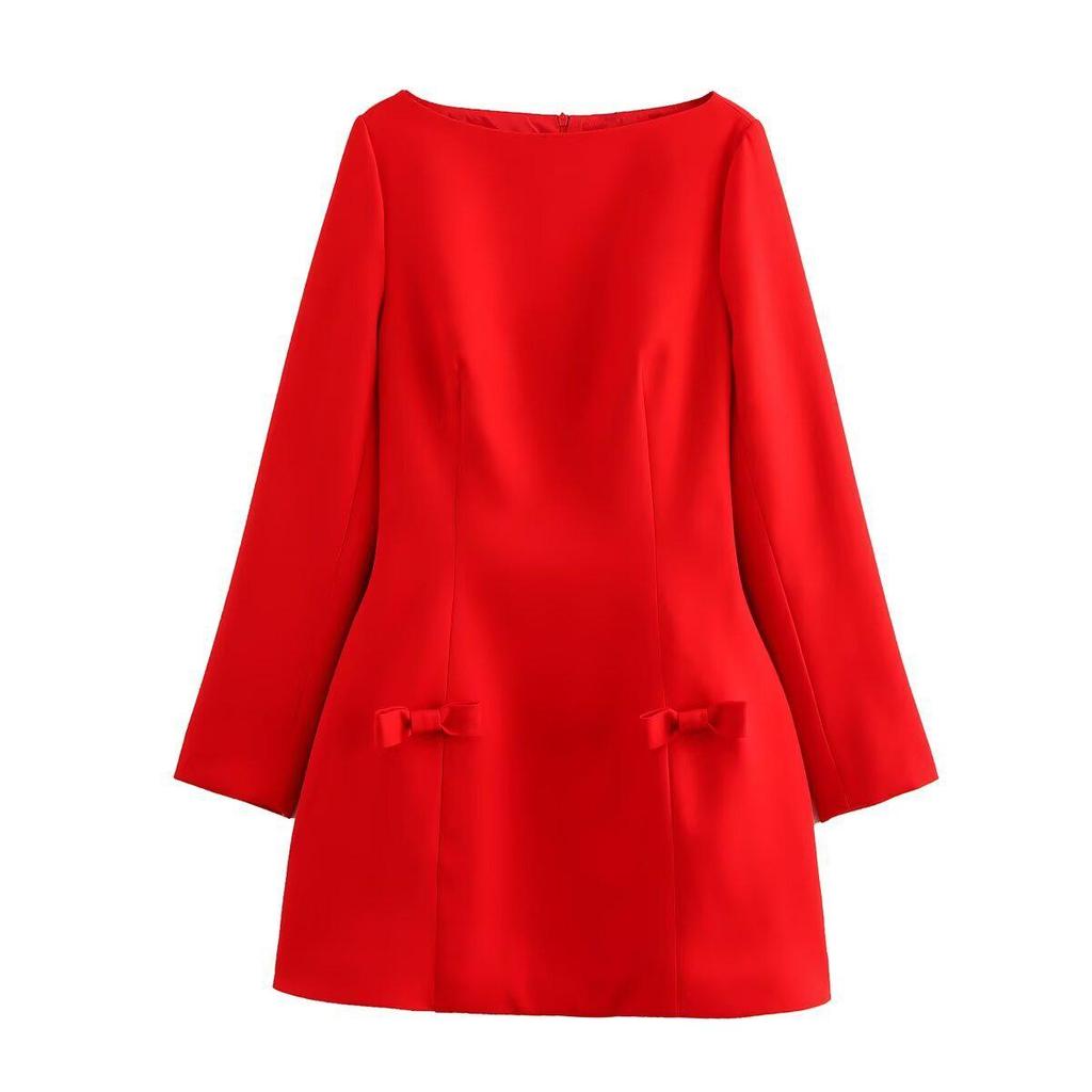 2024 Winter Women's European & American Style Bow-Decorated French A-line Dress