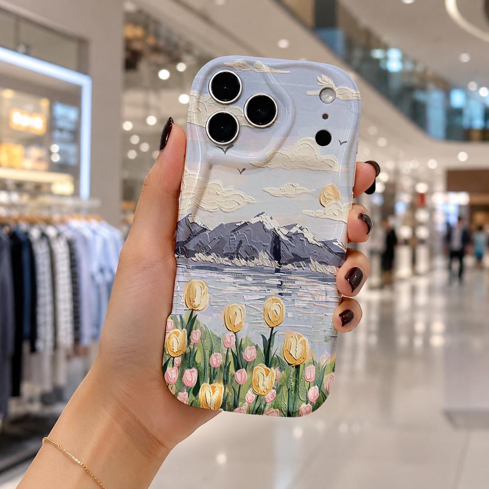 Oil Painting Mountain Tulip Lake Scenery Wavy Edge Phone Case For iPhone 17 16 15 14 13 12 11 8 7 Plus Pro Max Soft Cover
