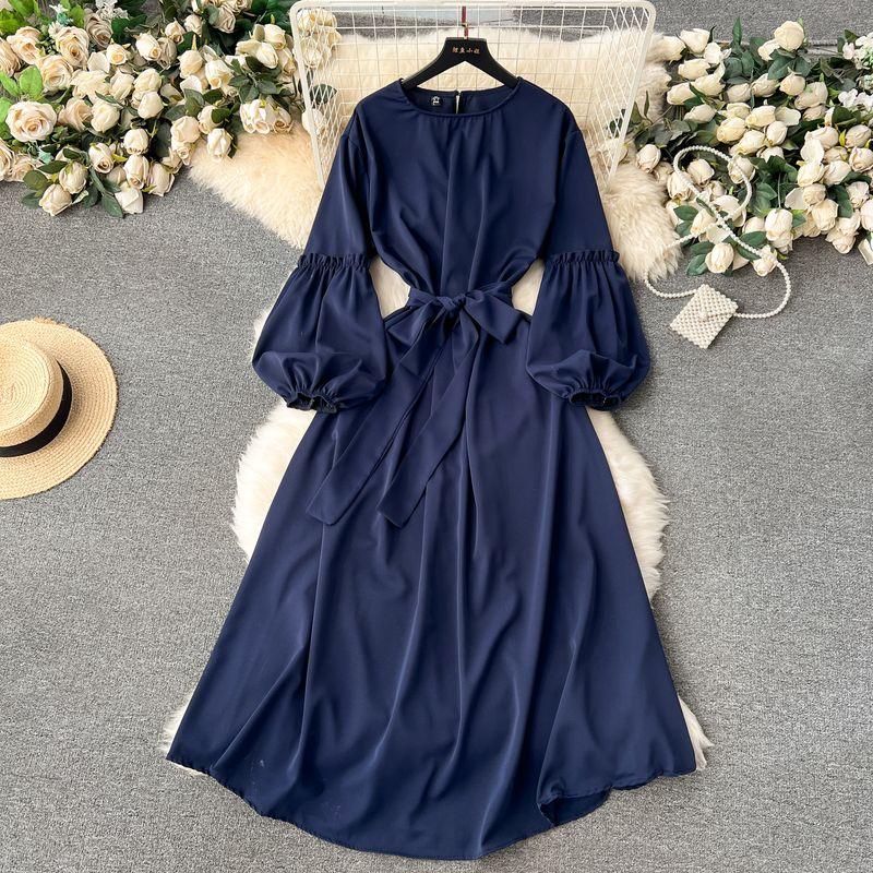 

Early Spring Retro Sweet Lace-up Waist-Controlled Elegant Dress Dark Blue One size