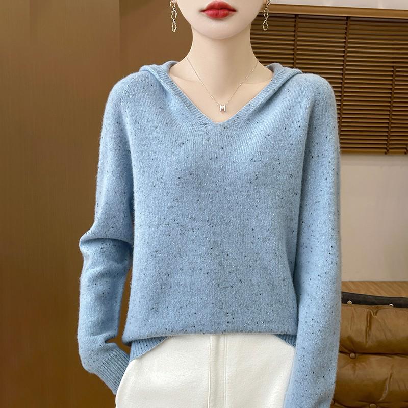Women's 100% Pure Wool Hooded Knit Sweater - Cashmere, Thick, Loose Fit for Autumn/Winter