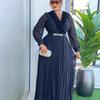 Plus Size Women Black Ruffled V Neck Pleated Long Dress Rhinestone Belt Elegant Banquet Dress