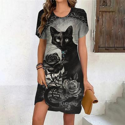 Damenkleid Klassisch Schwarze Katze Blumenmuster Minikleid Freizeit