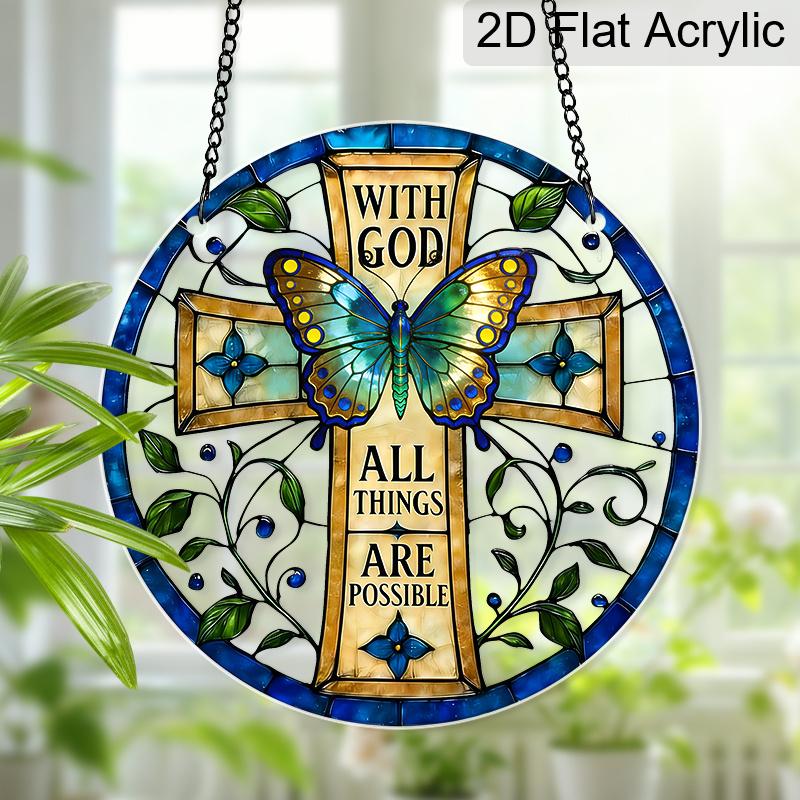 Acrylic Cross Butterfly Suncatcher Stained Glass Effect Window Hanging Ornament Religious Decor for Home