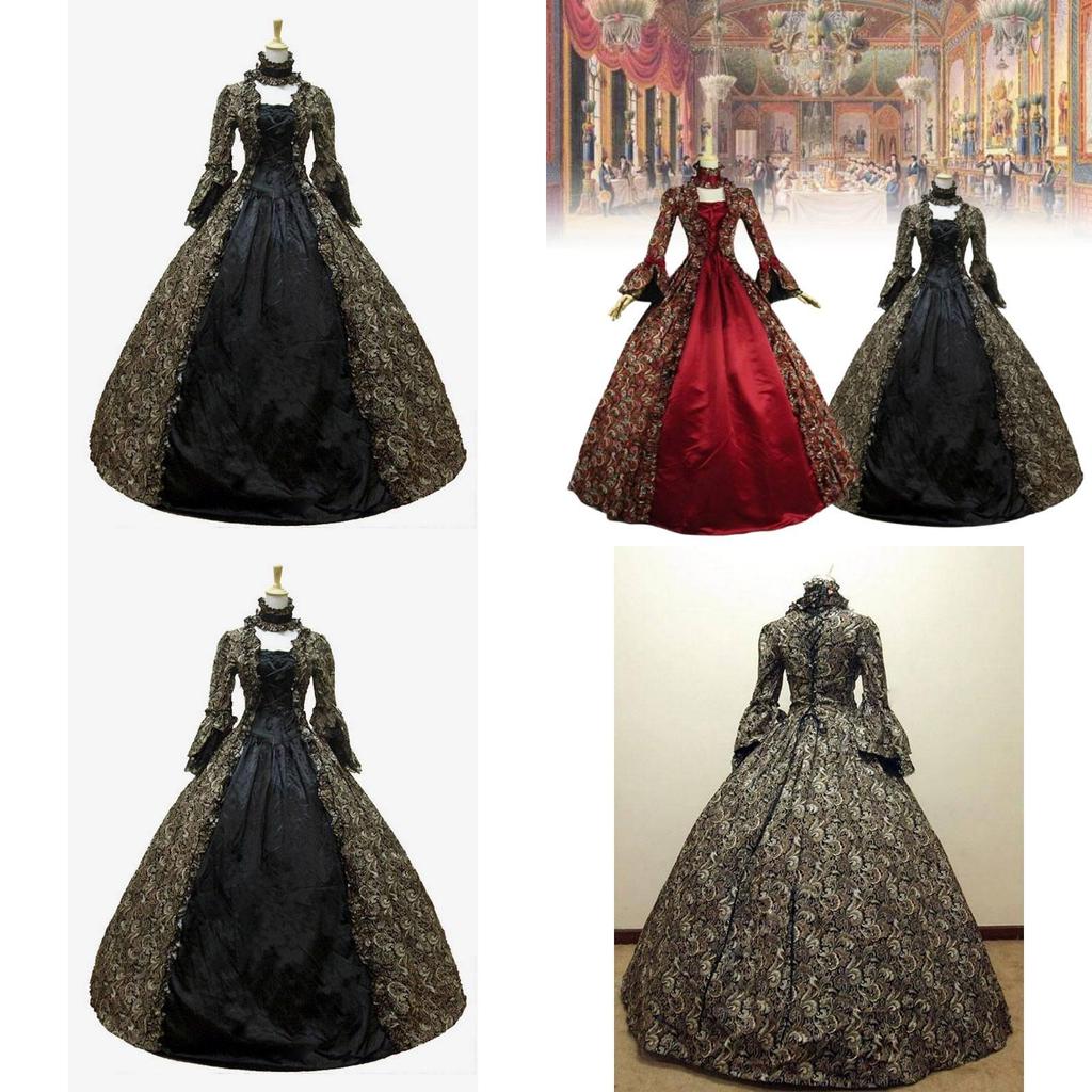 Court Victoria Dress Long Sleeved Flared Print Skirt Cosplay Costume Halloween