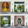 Chinesische Naturlandschaft Duschvorhänge Retro-Stil 3D Bogen Tür Dekor Badezimmer Set Polyester Stoff Hintergrund Wanddekoration