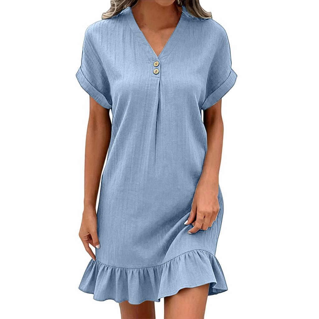 Women's Casual Pullover Dress V Neck Short Sleeve Button Detail Relaxed Fit Ruffle Hem Lightweight Fabric Summer Vacation Dress