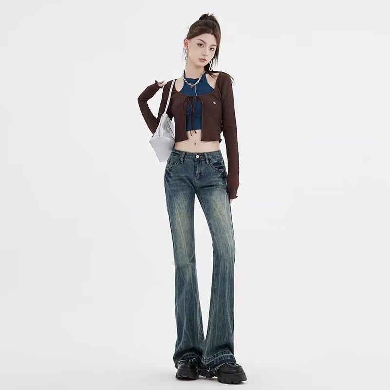 Vintage Jeans Low Waist Pant Micro Flare Jeans for Women Embroidery Slim Drag Flare Trousers