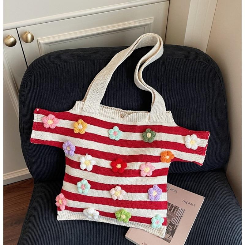 Summer Fashi Large Capacity Youth Beach Handbag  Boho Crochet Shoulder Bags Handmade Floral Striped Knit Tote Bags