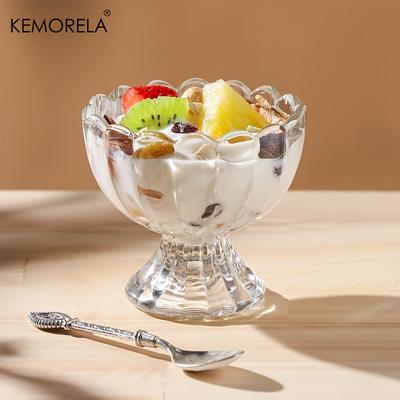 KEMORELA 1/2PCS Tulip Glass Dessert Bowl with Spoon Summer Ice Cream Fruitcake Transparent Bowls Suitable for Restaurant Cups