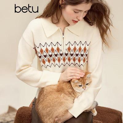 BETU Women's Half-Zip Fair Isle Jacquard Sweater