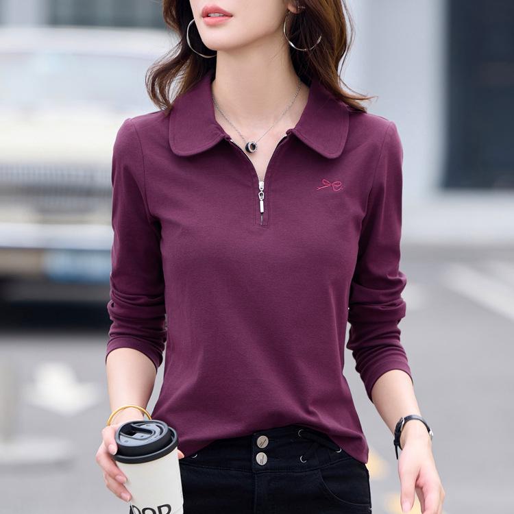 

Женская вышитая футболка на молнии с длинным рукавом и отложным воротником - Весна/Осень 2025 Приталенная верхняя одежда XL (115-125 jin)