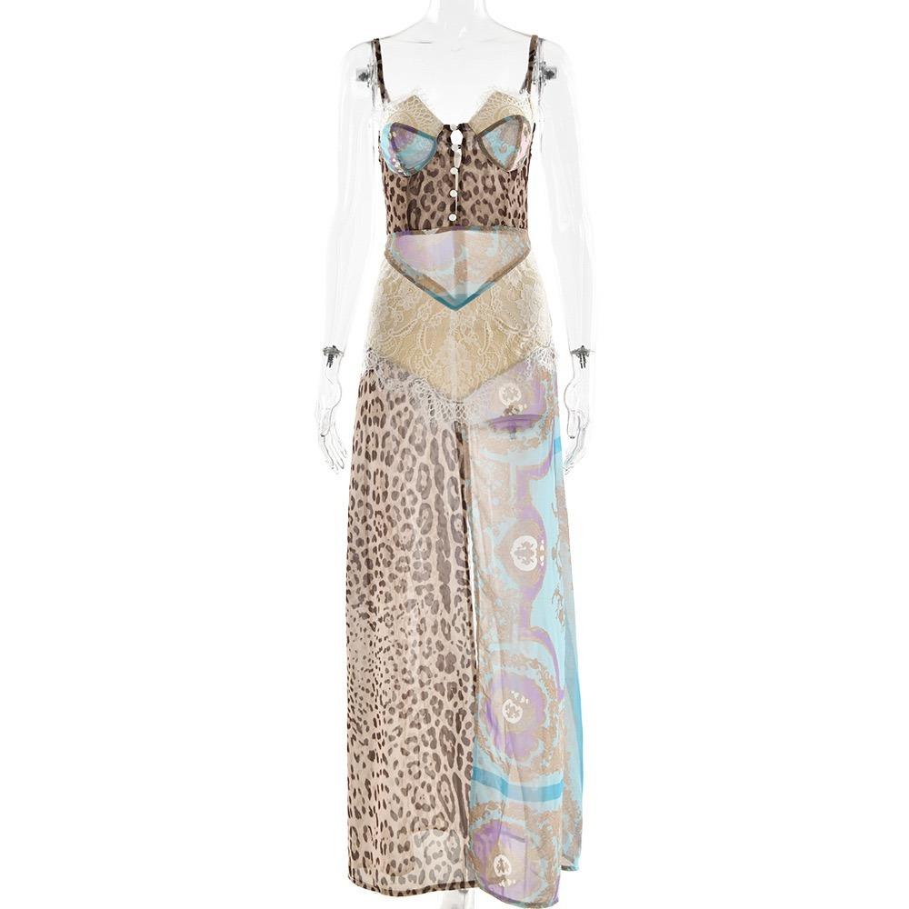 Leopard Print LaAe Split Sexy Maxi Dress Women Gown Elegant Patchwork Chiffon Sleeveless Backless Beach Evening Dress