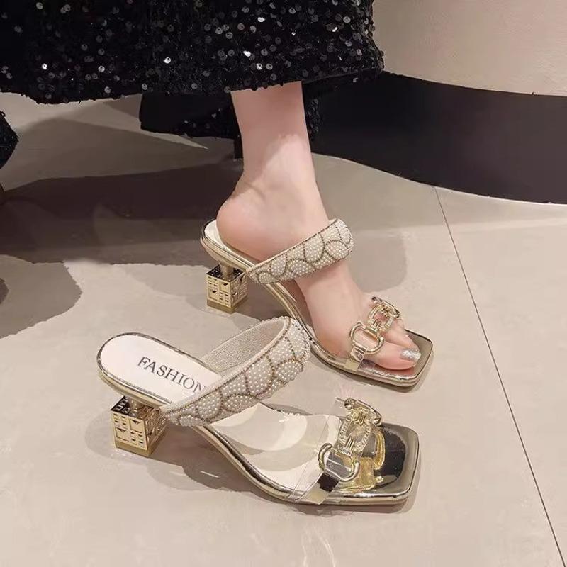 

Fashion Square Head Open-toe Crystal with Set Foot Non-slip High-heeled Slippers Summer New Anti-slip Wear-resistant Sandals 43 золотой
