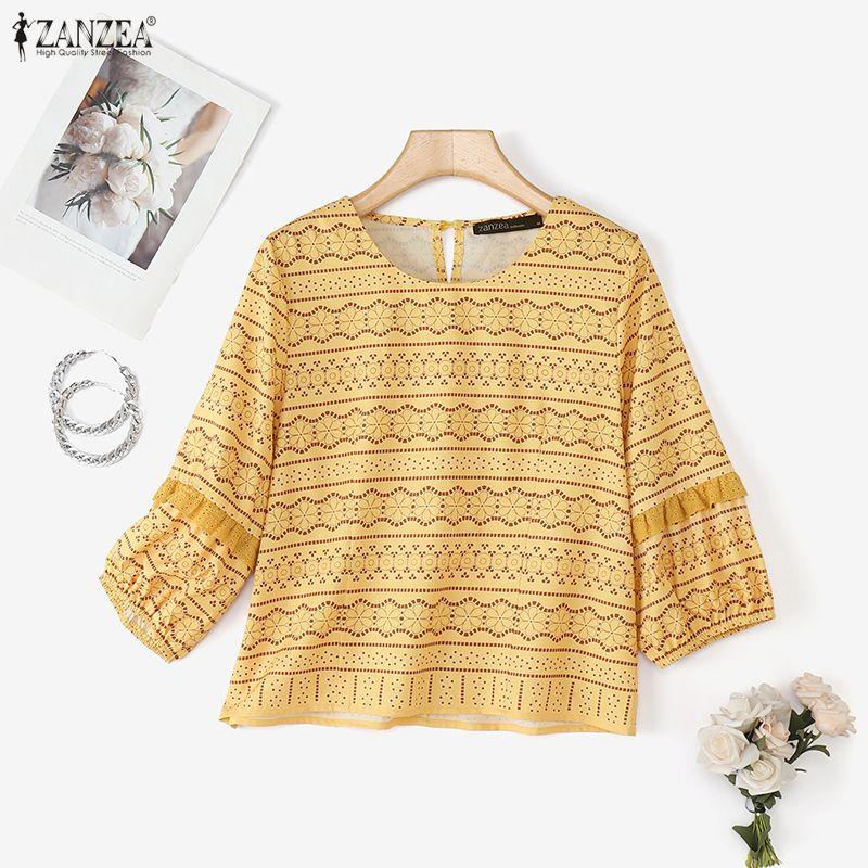 ZANZEA Women Casual Round Neck Loose 3/4 Sleeve Print Blouse