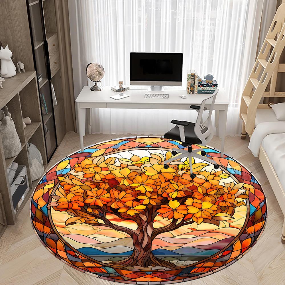 1pc Autumn Tree Office Round Area Rug, Indoor Mat Suitable ForOffice, Under Office Chairs Bedroom Living Room Home Decor, Room Deco  D028