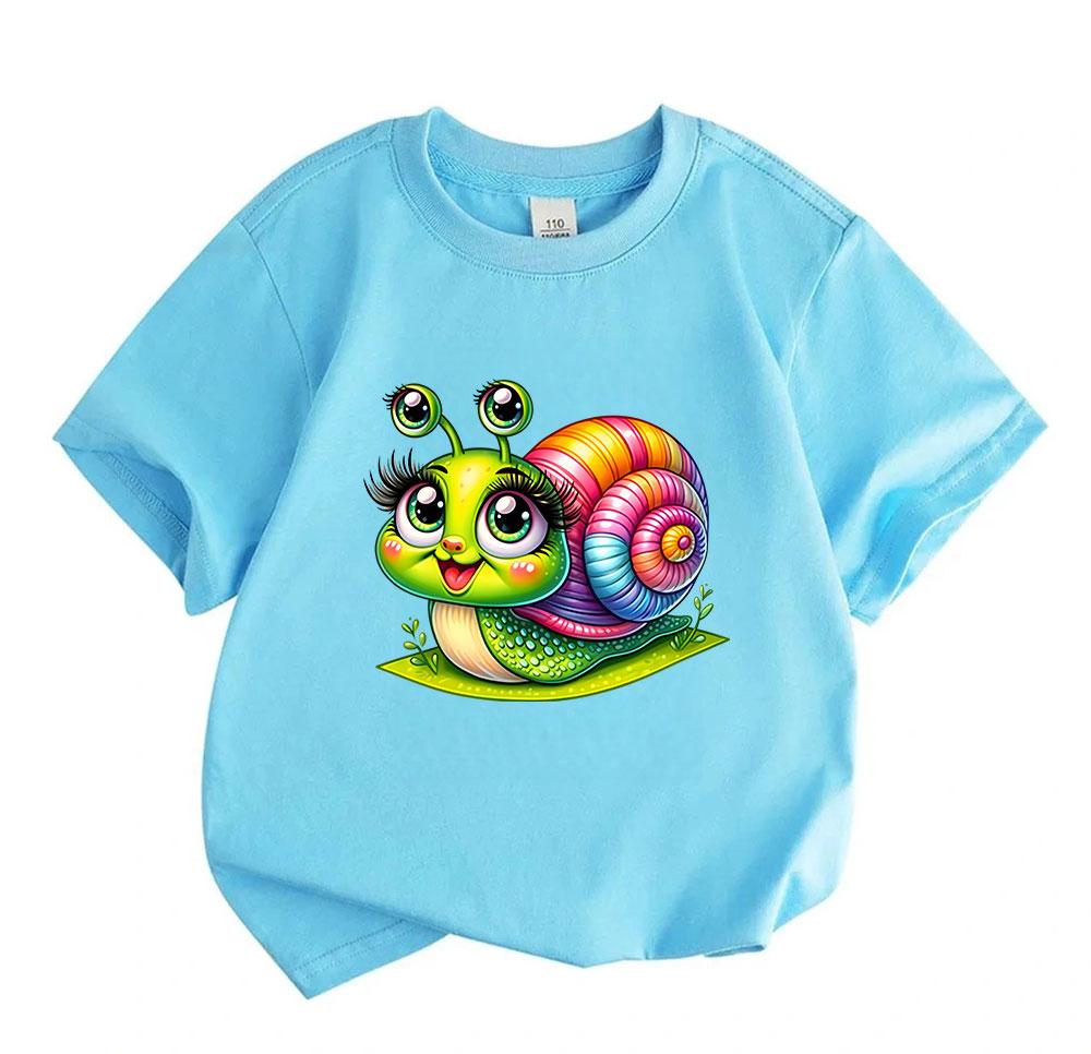 Kids Boys Girls 100% Cotton Crew Neck Short Sleeve T-Shirt, Cute Cartoon Rainbow Snail Print Casual Soft Breathable Summer Tee for Daily Wear