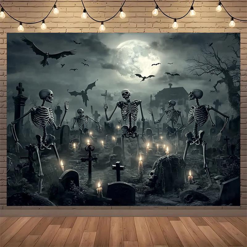 One 2D Flat Polyester Background of a Ghost Cemetery Featuring a Full Moon and Skull Scenes Suitable for Halloween Decoration