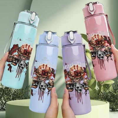 1PC Chaotic Multi Figure Band Grunge Print 750ml Colorful Plastic Sports Water Bottle Leakproof Pop Up Lid with Straw for Outdoor Work Home Use