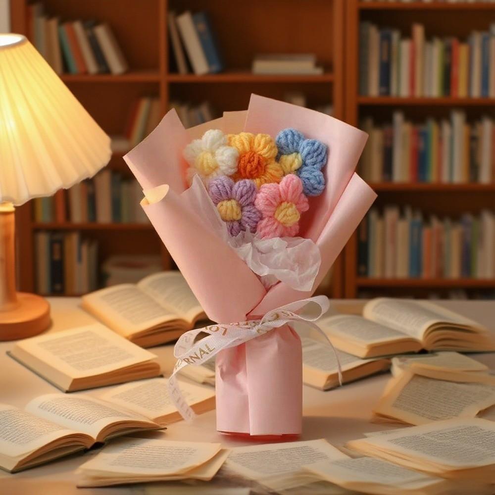 Cute Artificial Crochet Flowers Bouquet Handmade Mini Size Knitted Puff Flower 5 Stems Simulation Knitted Flower Teacher's Day