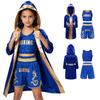 Unisex Kids Fight Wear Floral Vest Shorts Set with Hooded Robe Belt Metallic Trim for Boxing Kickboxing Practice
