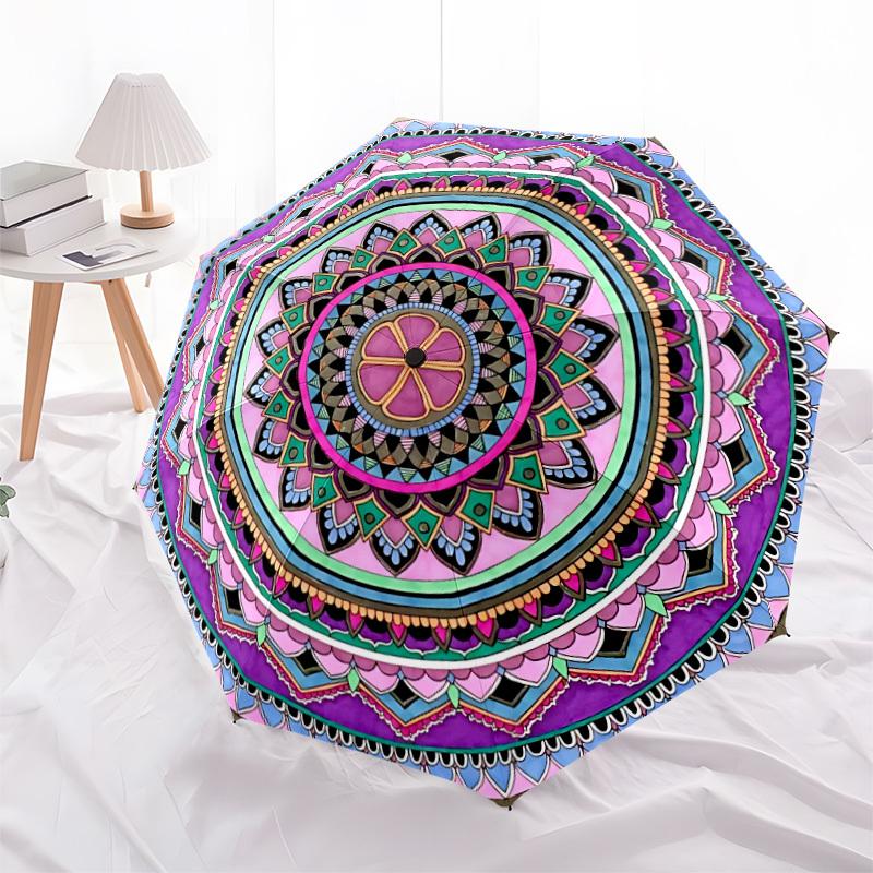 1pc Mandala Art Automatic Umbrella - Stylish, Durable, with 8-Rib Manual Open Design, Elegant Black Handleyy250920177