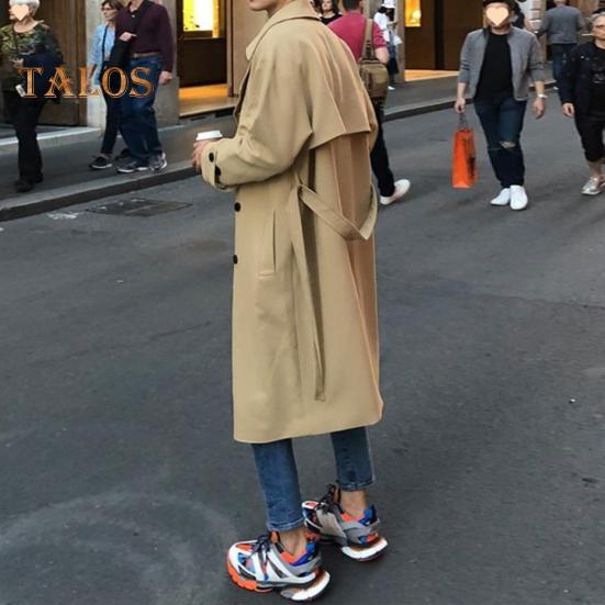 Herren Windjacke Revers Langarm Zweireihig Verstellbarer Gürtel Trenchcoat mit Taschen Einfarbig Lockere Passform Mittellange Oberbekleidung