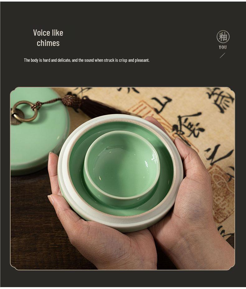 Ru Kiln Celadon Inkstone: Double Circle Inkwell with Lid, Anti-Dry Calligraphy Ink Dish, Antique Ink Box.