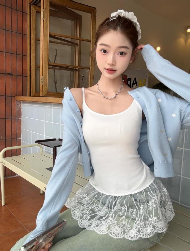 Summer Korean Color-Block Lace Trim Ballet Style Sweet Camisole Top