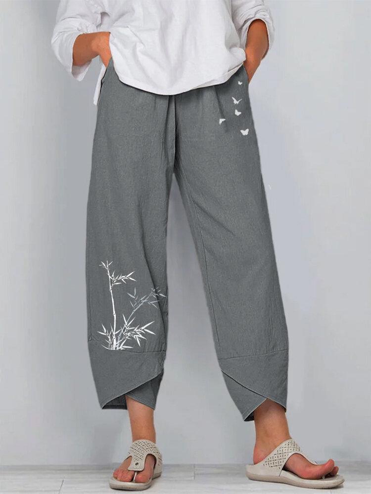 European & American Summer Casual Loose Cotton Linen Butterfly Print Wide-Leg Pants for Women 3199