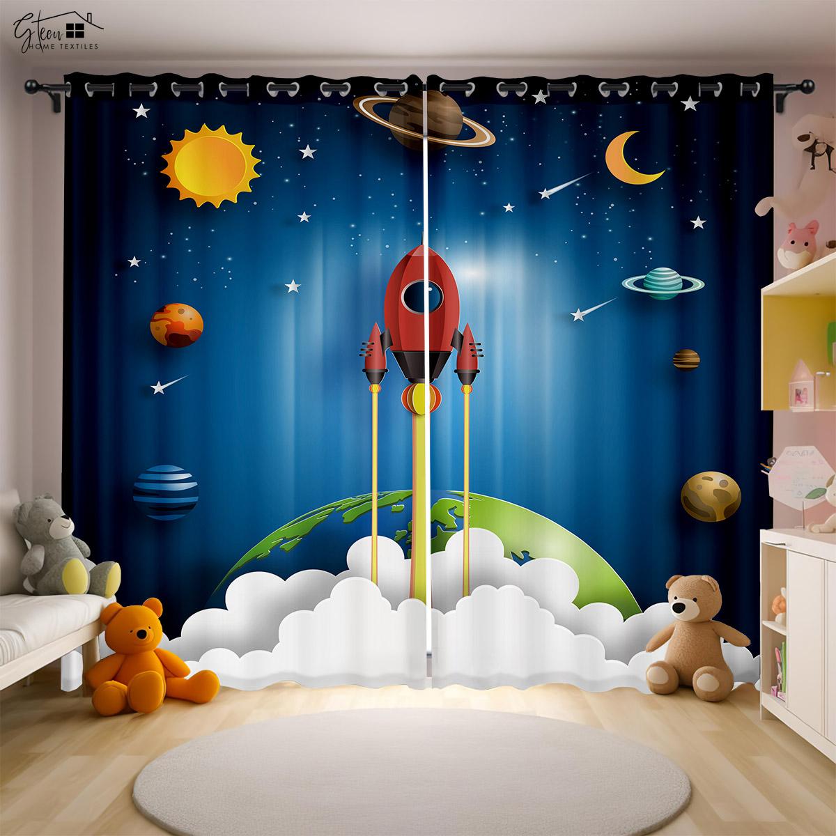 

Cartoon Style Universe Draperies Spaceman Spaceman Spaceship Rocket Planet Bedroom Living Room Space Design Children s Space 3DPrintingDrapes W50xH160(CM)x2PCS&Rod pocket