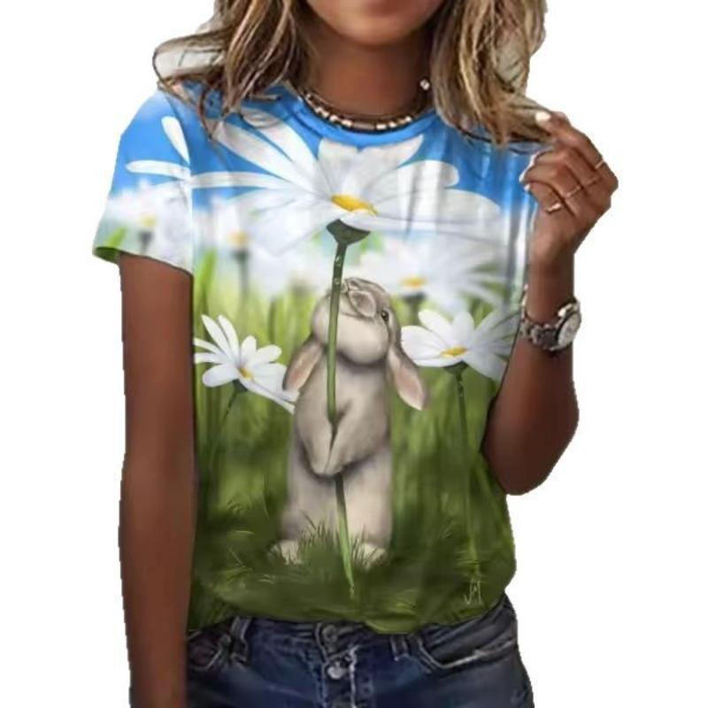 Rabbit Print Women's Top Crew Neck Short Sleeve Comfortable T-Shirts Women’s