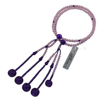 Umetake Women's 8-inch Soka Gakkai Prayer Beads with Purple PC Pearls and Purple Acrylic Crystals, Purple Odamaki Bonten