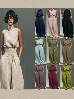 Europäisch-Amerikanischer Sommer Einfarbiger Baumwoll-Leinen Ärmelloser Top & Weite Hose Anzug für Damen