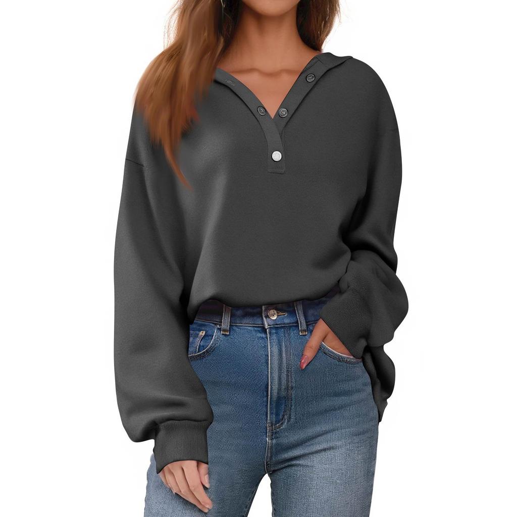 Dameknapp Ensfarvet Pullover Topper Casual Langermet Sweatshirts