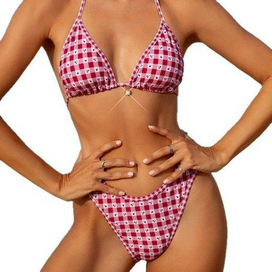 Women's Plaid Bikini: Slimming High-Waisted Triangle Swimsuit with Gathering Details In Stock